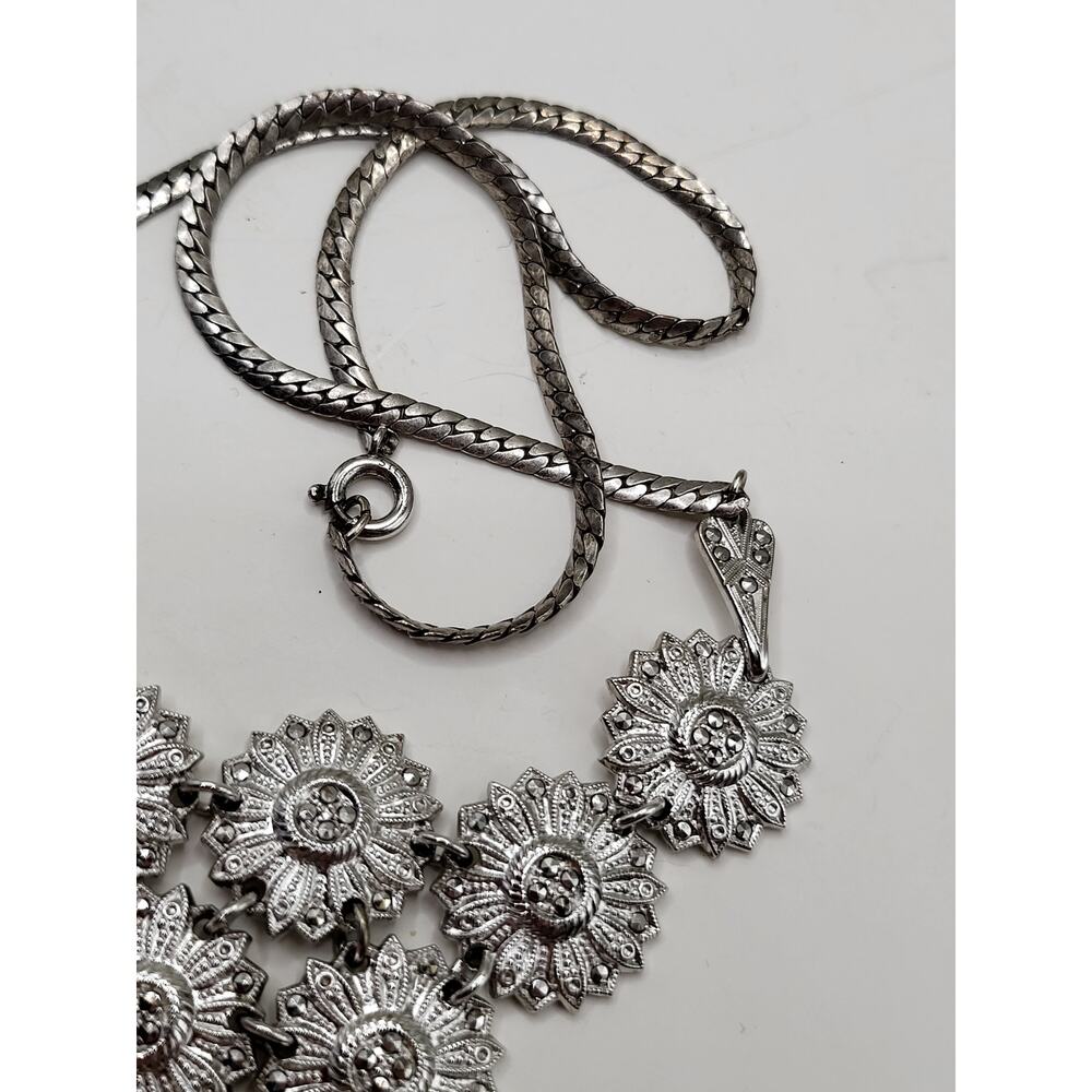 Vintage Floral Necklace Marked Sterling with Marcasite Accents 17 Inch - Picture 5 of 10